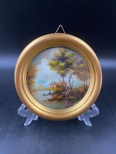Quadro miniatura tondo olio paesaggio firmato  cornice  legno d'orato