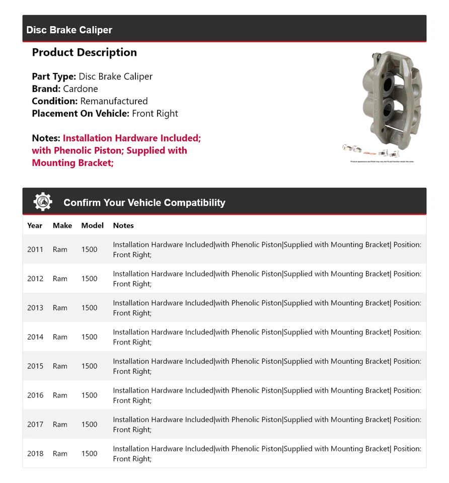 Pinza de freno de disco delantera derecha Cardone 2012 2013 2014 para Ram 1500 2011-2018 Foto 2 de 4