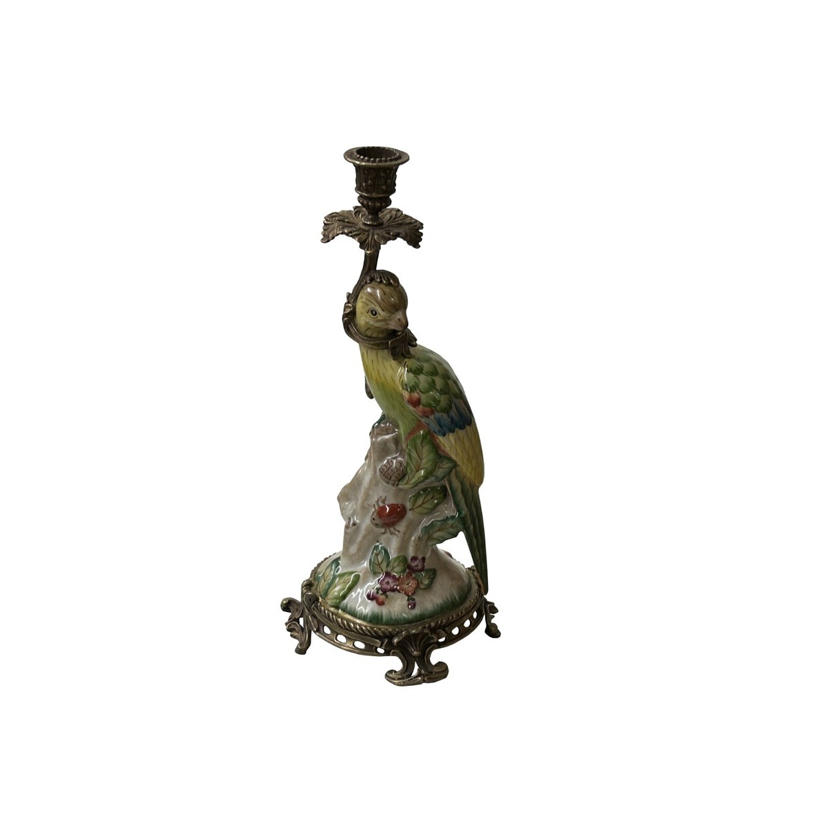 Bougeoir Candélabre Ancien – Figurine Perroquet En Céramique – Fait Main – Vintage