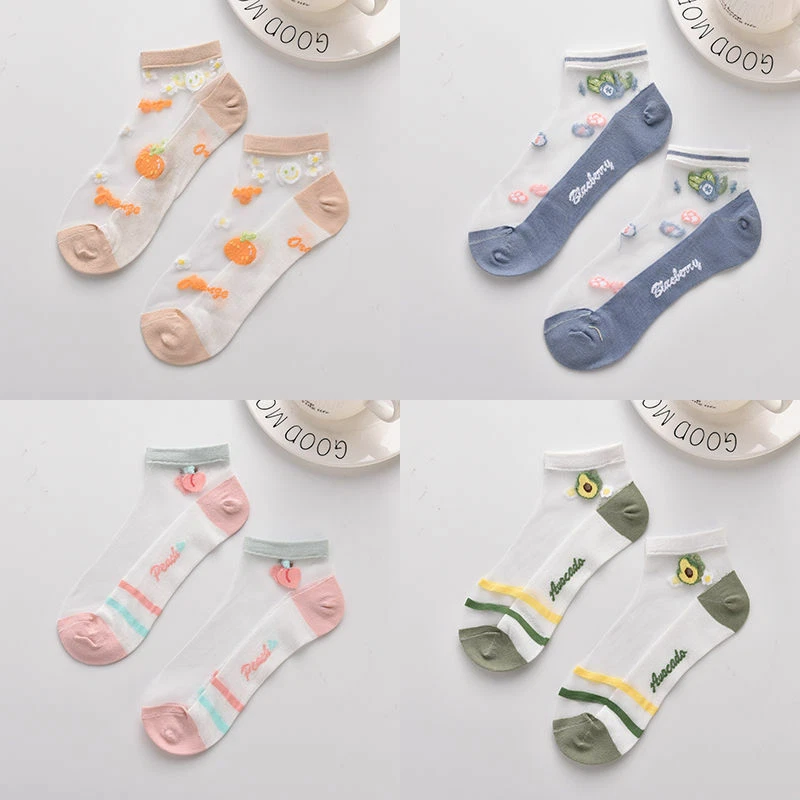 5 pares de calcetines transparentes de seda de encaje de frutas para mujeres niñas informales delgados de verano nuevos Foto 3 de 4