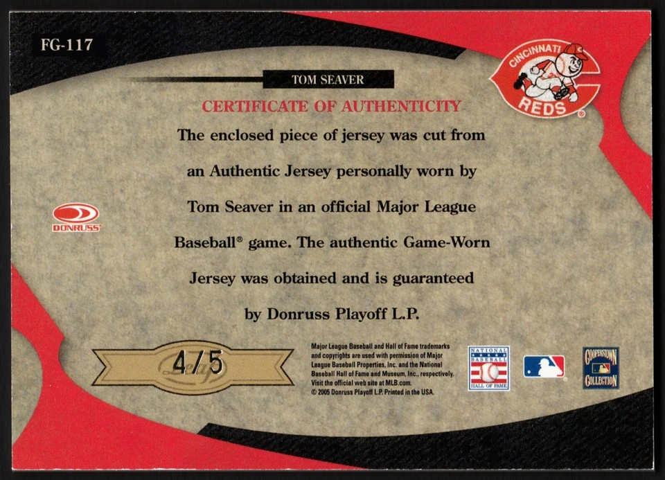 Tom Seaver 2005 Leaf Certified Materials Fabric of the Game Position /5 Jersey - Image 2 of 2