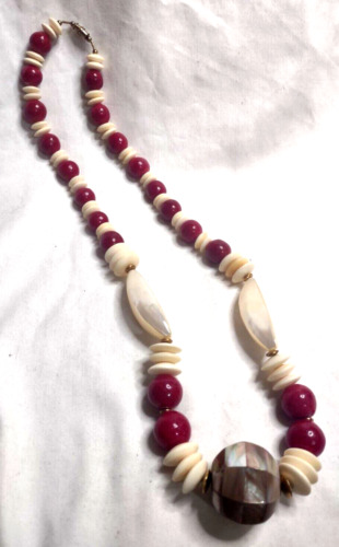 Inlaid MOP Abalone Shell Necklace 24" Red Painted 