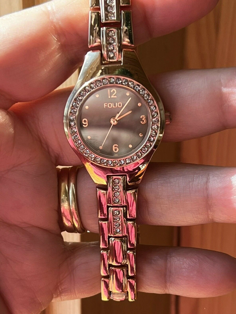 NWT Ladies FOLIO Rose Gold Crystal Bling Watch with Extra Link