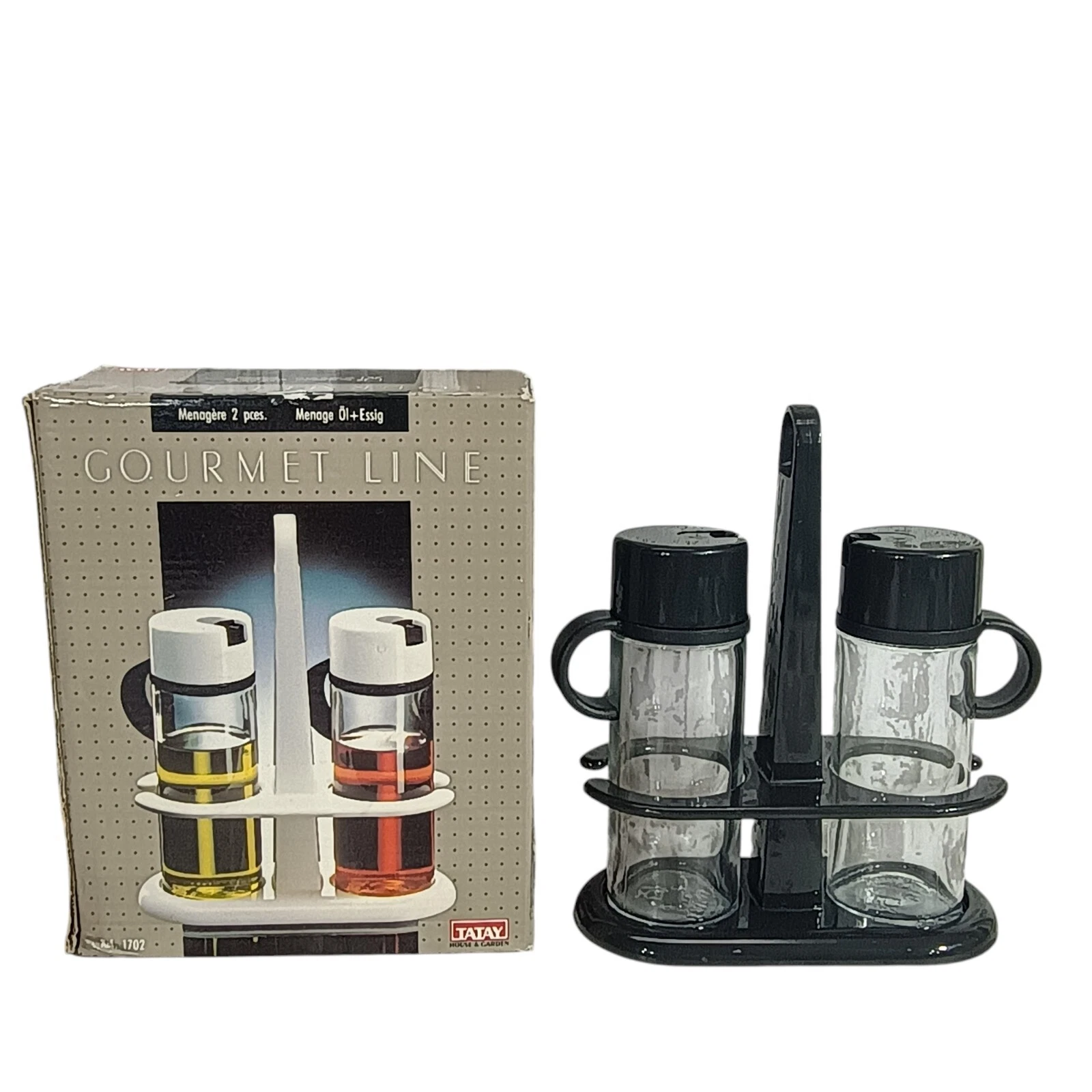 Vintage Oil and Vinegar Dispenser Set with Black Caddy Holder Gourmet Line