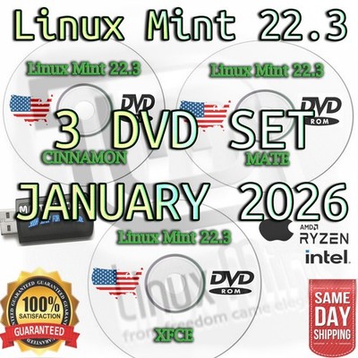 Linux Mint 22.3  Zena    3 DVD Installer Set   Cinnamon/MATE/XFCE   Bootable DVD