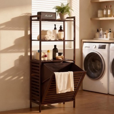 Baveke Bamboo Laundry Hamper with 3 Tier Shelves, Tilt Out Laundry Basket wit...