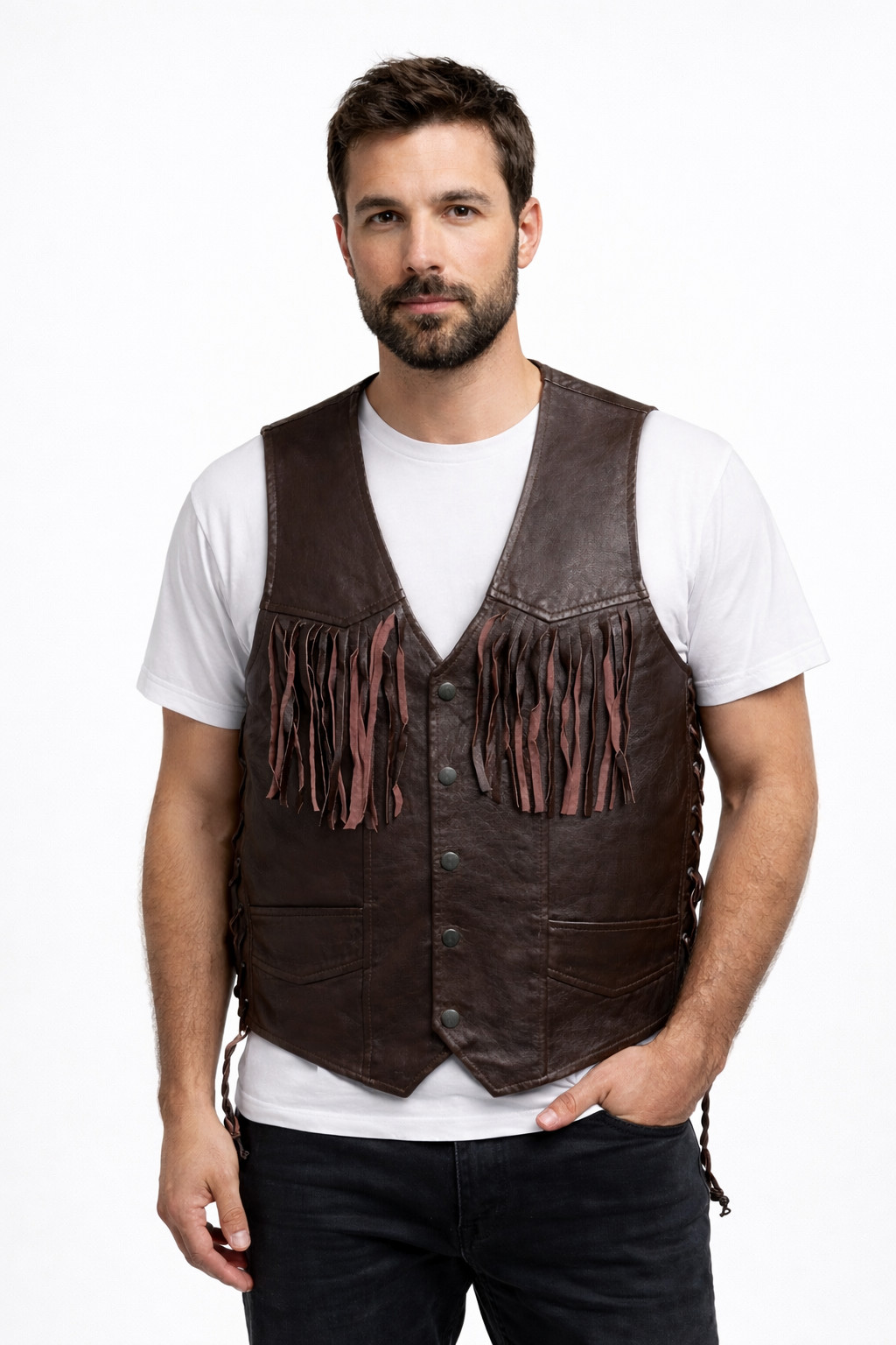 Men’s Genuine Lambskin Fringe Leather Vest — Snap Closure Handcrafted
