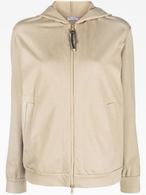 BRUNELLO CUCINELLI WOMEN'S BEIGE COTTON ZIP HOODIE MSRP $1375
