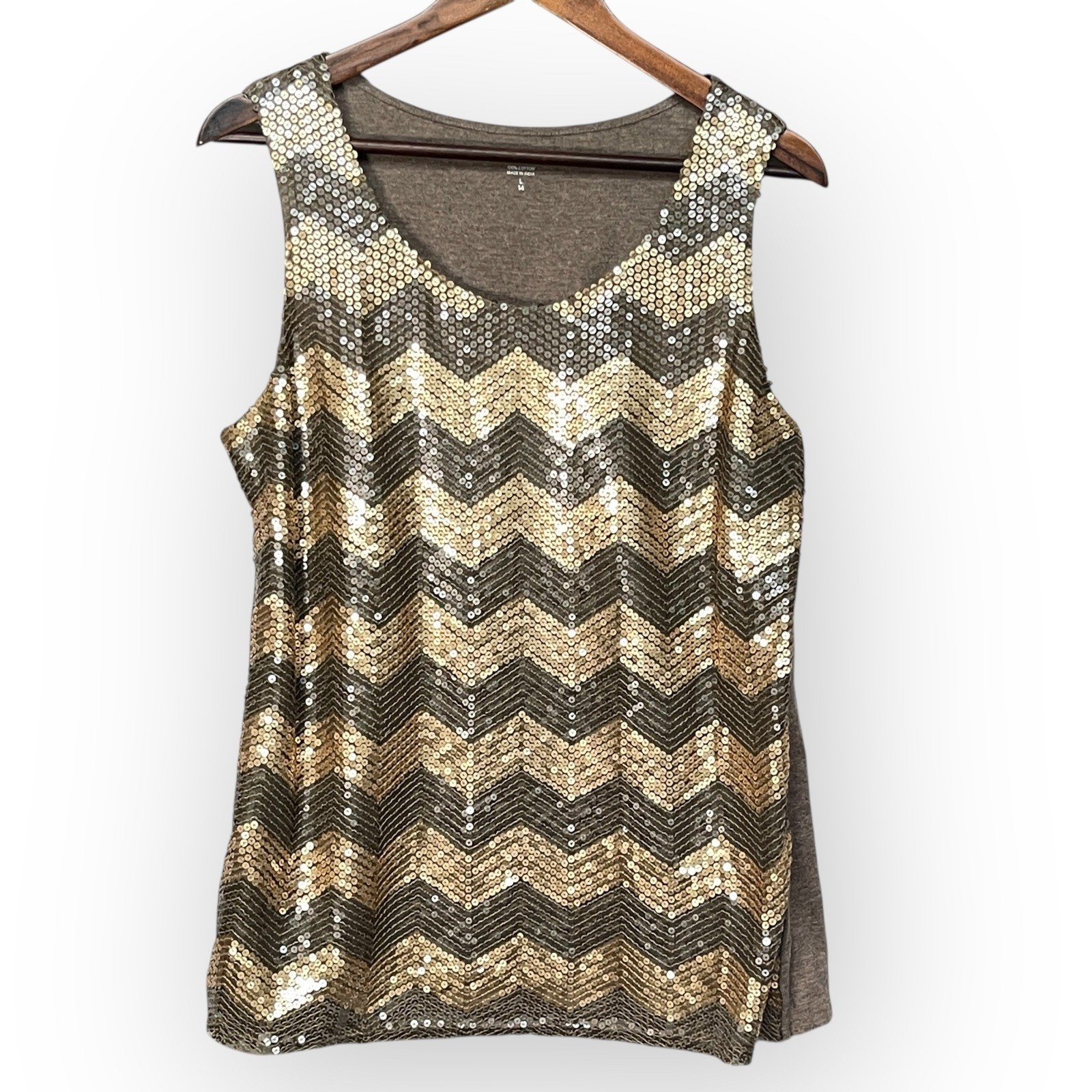 Coldwater Creek Sequin Tank Top Sleeveless Brown Gold Chevron Party Blouse L