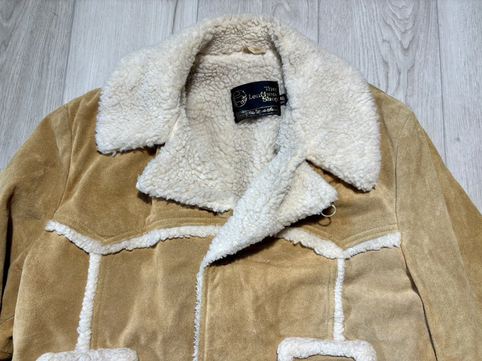 VTG 70s Sears The Leather Shop Shearling Suede Jacket Men 40 Western Sherpa Coat - Image 4 of 4