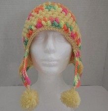 Jester Style Crocheted Beanie W Earflaps  Pom Poms Granny Stitch Homemade