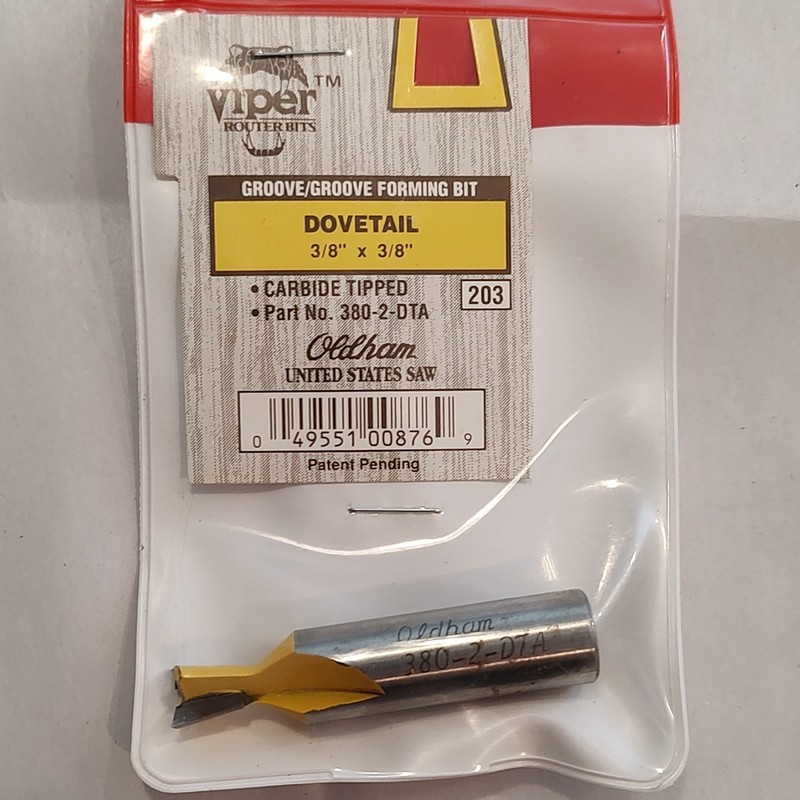 Viper Dovetail Groove Router Bit, Carbide, 3/8 in Dia, 380-2-DTA.  1/2" shank