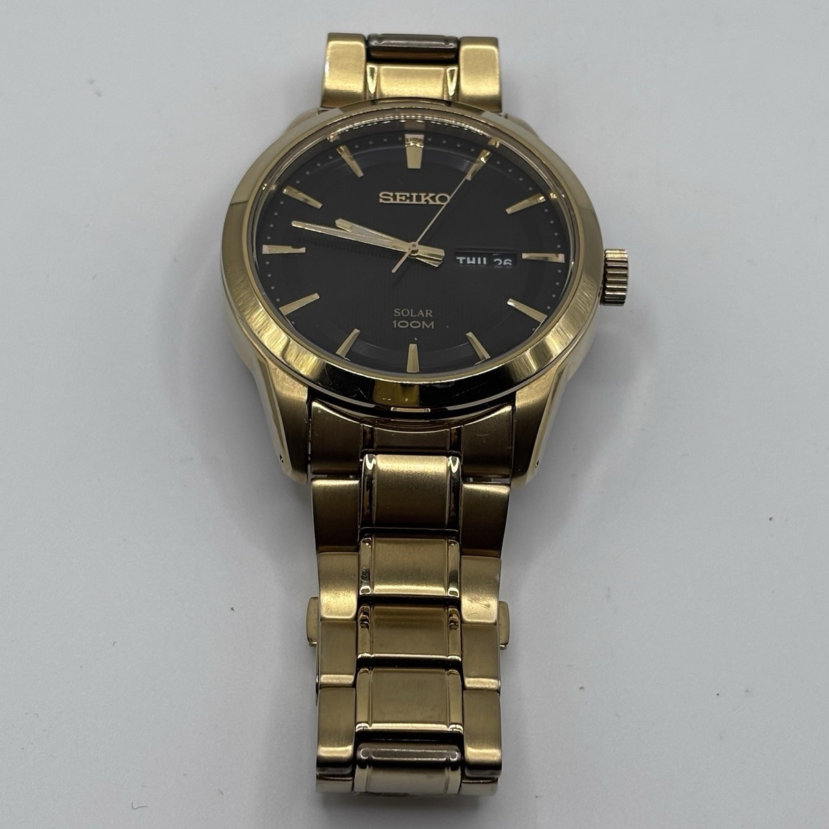 Seiko Solar Black Dial 100M Gold Tone Day Date Men's Watch V158