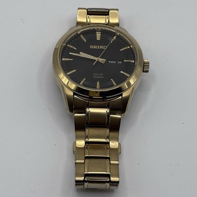 Seiko Solar Black Dial 100M Gold Tone Day Date Men's Watch V158