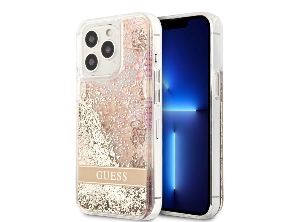 Coque iPhone 14 Pro Guess paillettes dorées et fleurs élégantes en silicone rigide