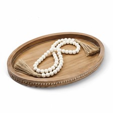 16" Oval Decorative Wood Tray with 58" Bead Garland, Farmhouse Coffee Table C...