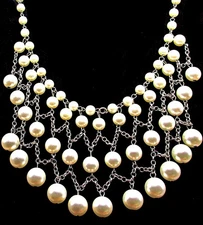 Vintage Unsigned Faux Pearl Chain Woven Fringe Bib Choker Necklace