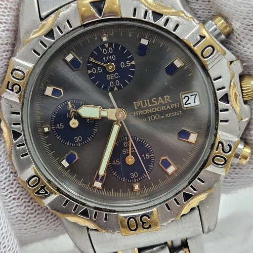 Vintage 1990s Pulsar By Seiko Chronograph 100M Men’s Watch V657 RUNNING NEW BATT