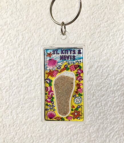 Vintage Keychain ST. KITTS & NEVIS Key Ring Fob FOOTPRINT IN SAND Beach Shells