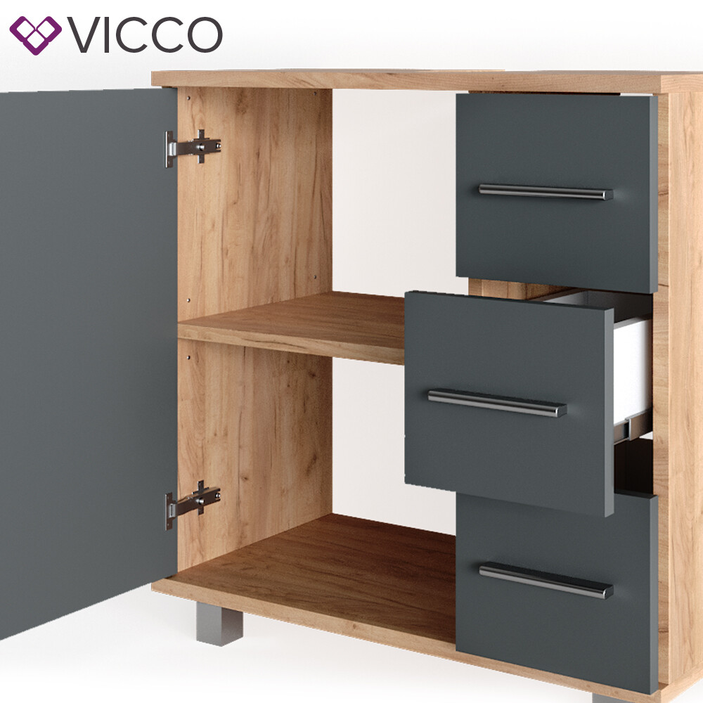 Meuble Haut Salle De Bain VICCO ILIAS - Chêne Et Anthracite - Étagère - Neuf