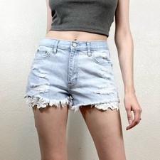 Aeropostale Light Wash Distressed Denim Lace Hem Cheeky Shorts Size 6