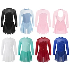 Kid Girls Sparkly Rhinestones Mesh SpliceFigure Ice Skating Dance Leotard Dress