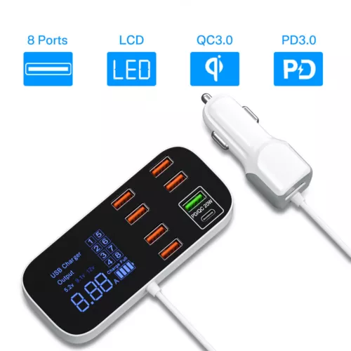 40W 8-port multi USB car charger C-type PD QC3.0 fast charging charger station- - Picture 5 of 9