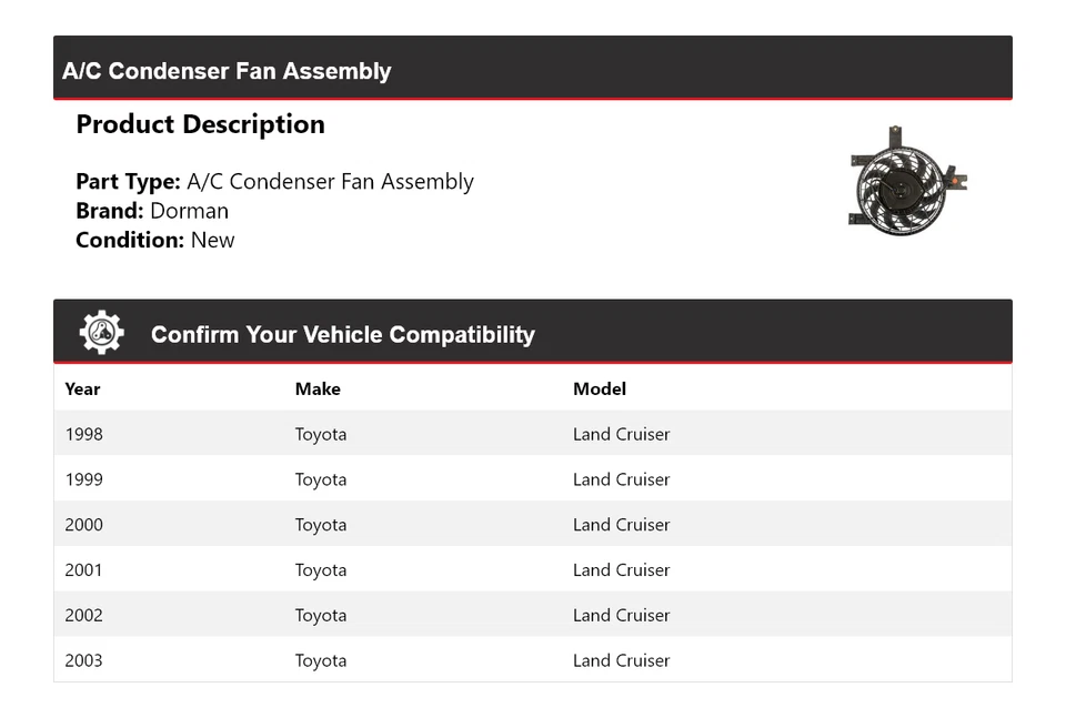 Conjunto de ventilador condensador aire acondicionado Toyota Land Cruiser Dorman 1998-2003 1999 2000 Foto 2 de 4