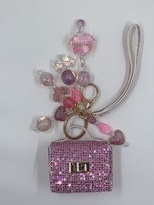 Mini Purse Heart Beaded Key Chain, Bag Charm Pink Purple
