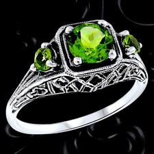 GENUINE PERIDOT ART DECO STYLE THREE-STONE 925 STERLING SILVER RING     514