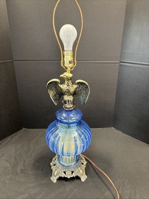 Vintage Mid Century Eagle Cobalt Blue Globe 3 Way Table Lamp 28  Tall