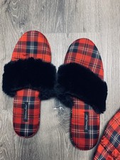 Victoria's Secret Red Plaid Satin Slippers w/bag Sz Large 9-10 NWT