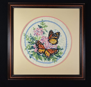 Handmade Monarch Butterflies Floral Needlepoint Wood Framed Art Vintage