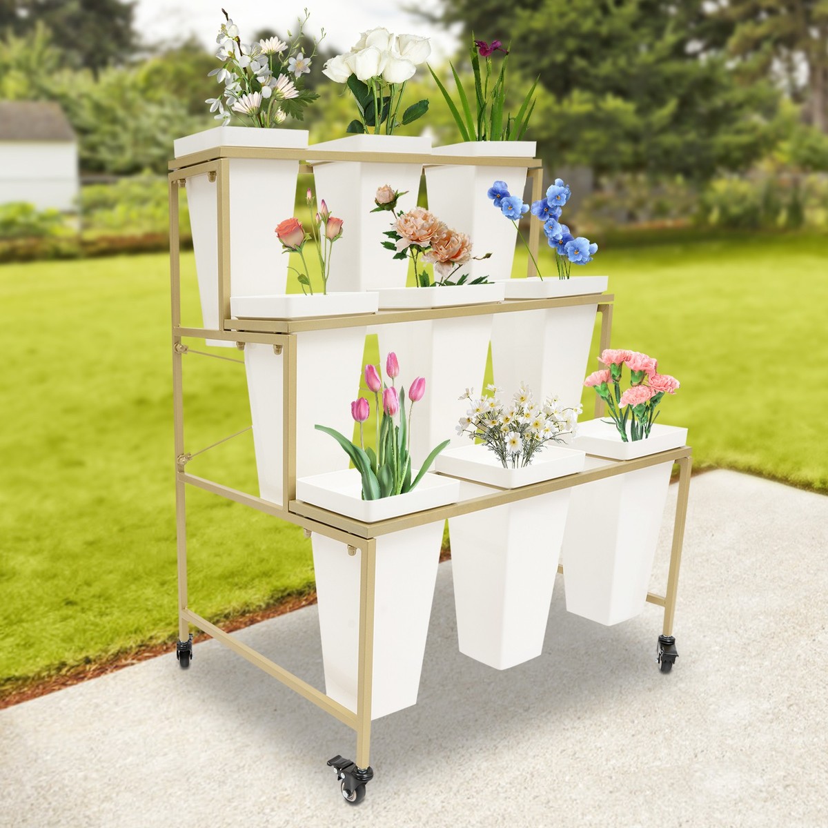 Flower Display Stand with 9 Buckets, 3-Tier Flower Stand Shelf