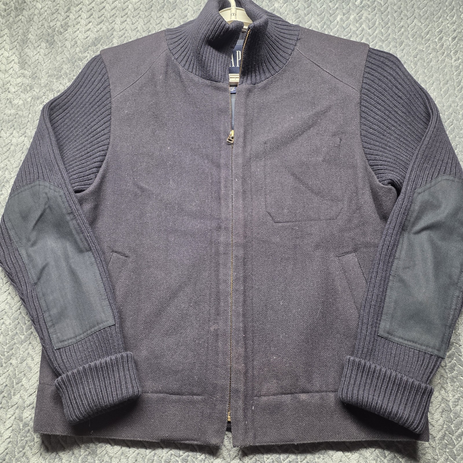 GAP Wool Blend Bomber Jacket Men’s S Navy Blue Zip Up Knit Sleeves Elbow Patches