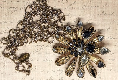 Erickson Beamon Large Black Rhinestone Gold Tone Flower Pendant Necklace 35''