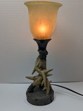 Rustic Deer Antler Table Lamp Faux Antlers Marbled Glass Shade Cabin Lodge 16"