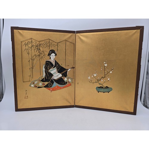 Painted Japanese Table Screen Double Sided Silk Byobu Geisha & Bonsai