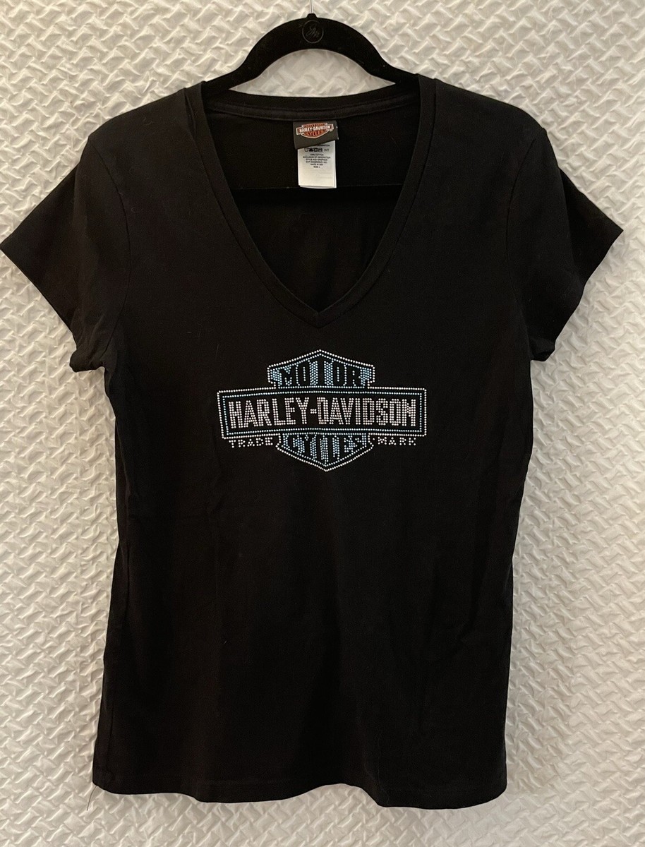 HARLEY DAVIDSON Rhinestone Bling V-neck Logo Black Tee