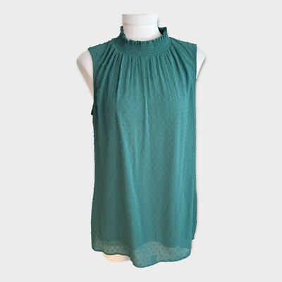 DR2 Teal Clipped Dot Smock Neck Sleeveless Blouse Size Medium