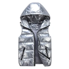 Adults Men Quilted Hooded Waistcoat Metallic Shiny Gilet Bubble Jacket Coat Top