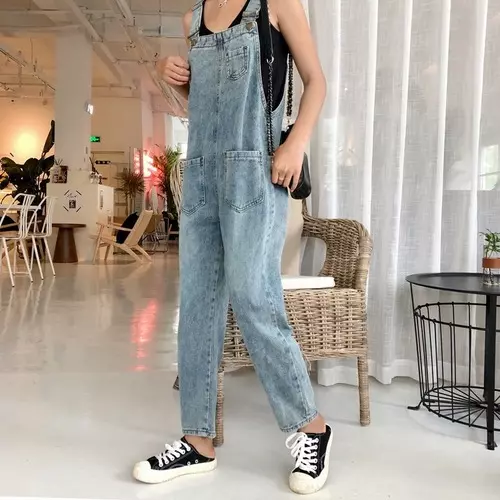 Oversized Denim Jumpsuit Overalls Bib Solid Pockets Rompers Dungarees Jean  Pants