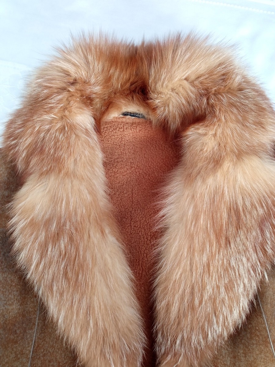 Vtg camel brown with gray sheepskip long shearling coat with red fox fur XS
