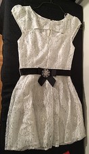 Girls White Lace  Deb  Dress Silver Shimmers Black Belt Brooch - Size Sm B2 