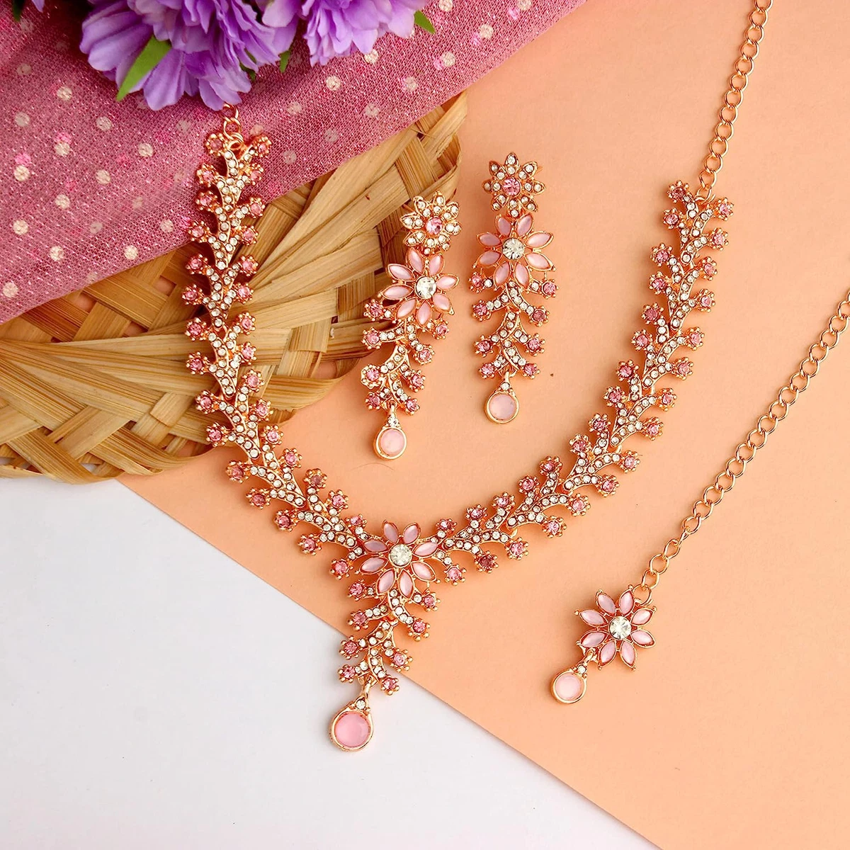 Fancy Design Rose Gold Plated Diamond Necklace With Earrings Maang Tikka Set