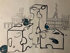 Very Beautiful Large Ink Drawing Rat Mouse Paris Eiffel Tower To Identify Cheese