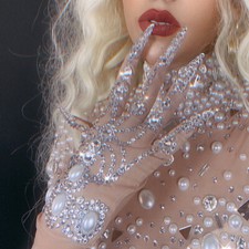 Luxury rhinestone pearl gloves ladies glittering short gloves show accessories