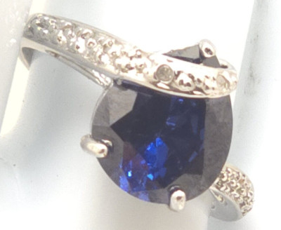 Large 3D Lab Tanzanite & Diamond Ring in Sterling 925 blue size 8