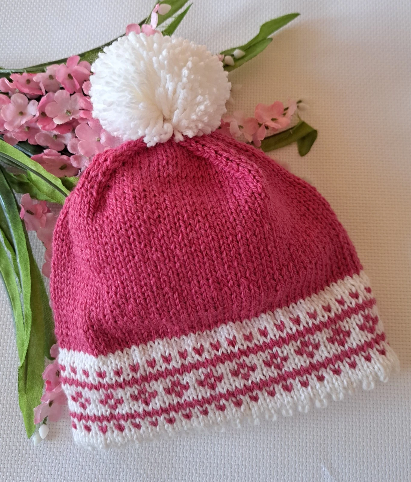 Hand Knitted Baby Hat with Fair Isle Design and Pom Pom