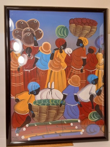 Framed Canvas Haitian Painting Of Market Signed MARC